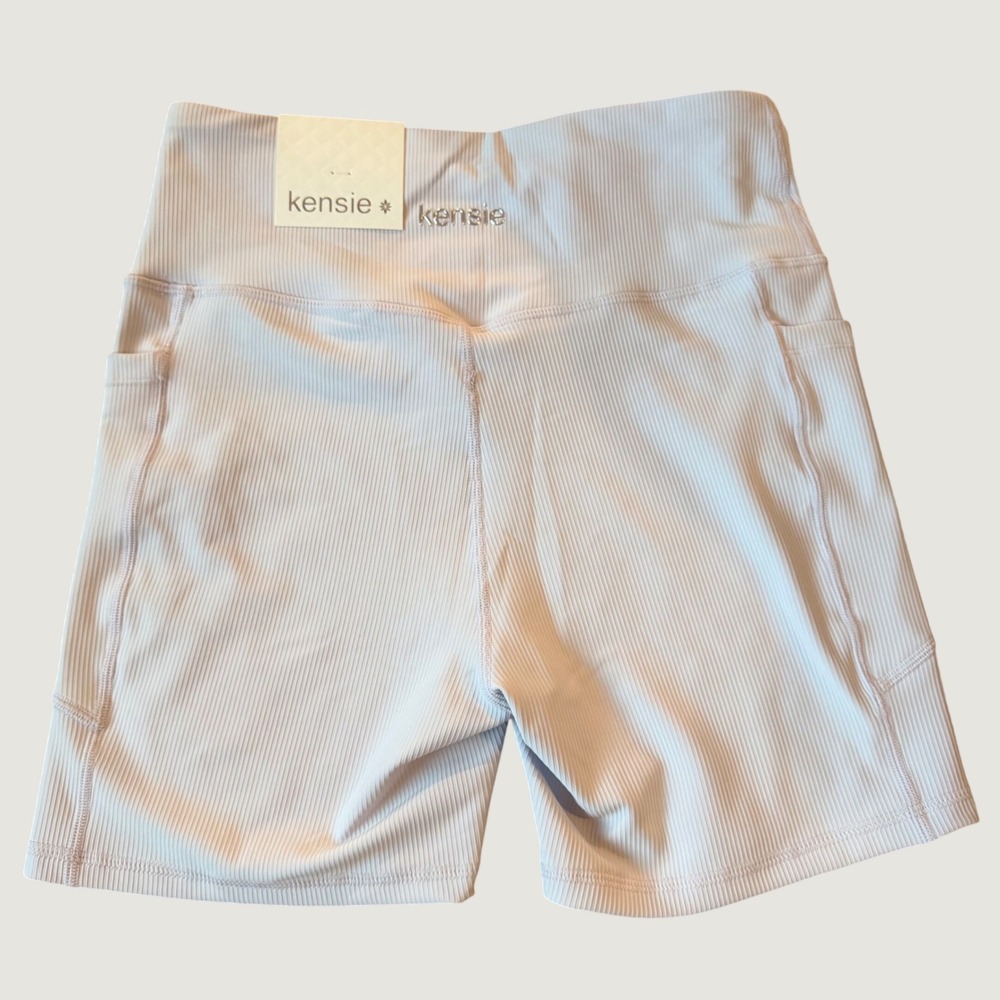 Kensie Performance Ribbed Biker Shorts Size M High Waisted Pockets Lilac Pink